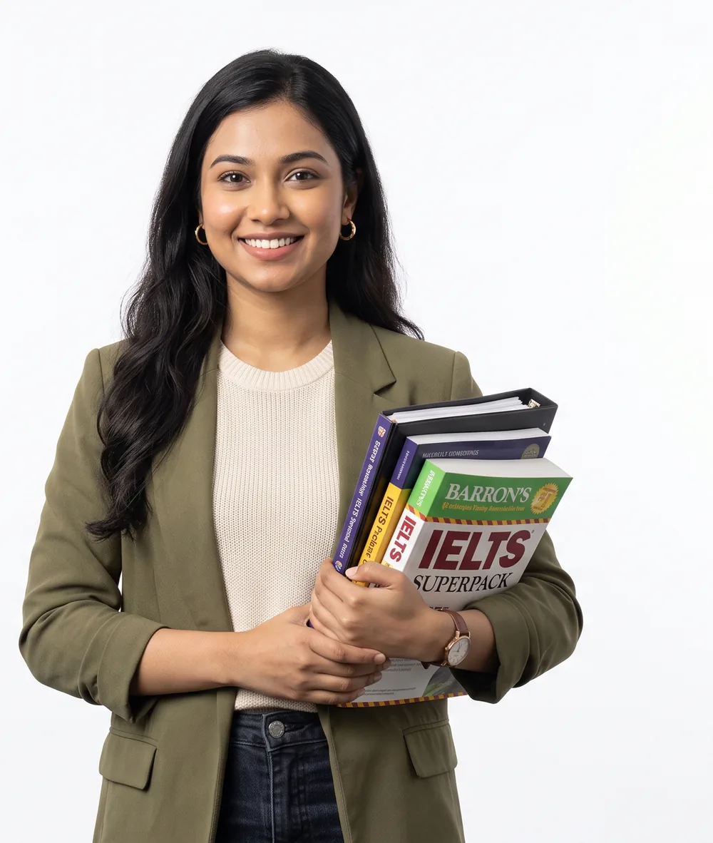 A student holding IELTS preparation books, ready for the exam
